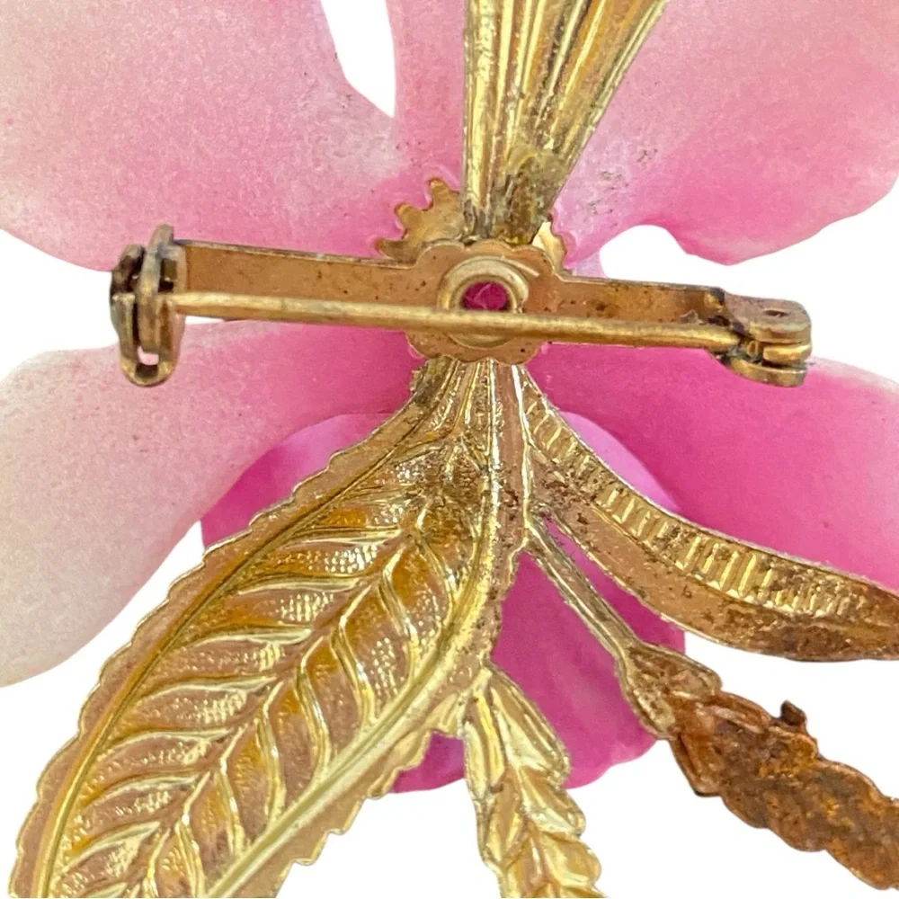 Vintage Pink Orchid Brooch Pin Gold Tone Floral Statement Botanical